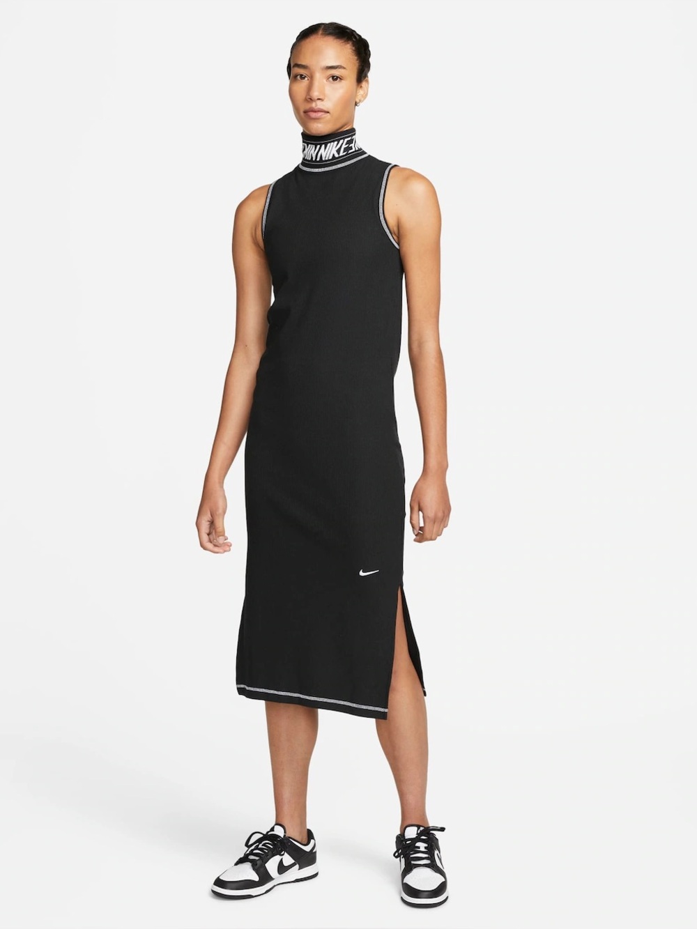 Nike Ribbed Logo Mock Neck Midi Dress | Black | Small